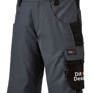 Grå arbejdsshorts med lommer i sort, inklusive en knaplukning og bæltestropper. Tekst inkluderer "TEXAS PRO CLOTHING" og "Dit Design" på den nederste del.
