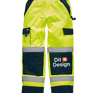 Lysegule arbejdsbukser med reflekterende striber og sorte lommer. Tekst på bukserne: "Det Gørnign". Bukserne ligger fladt mod en hvid baggrund.
