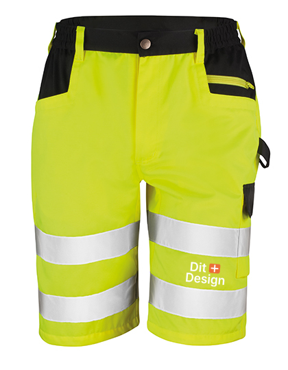 Group 314 Neongule shorts med reflekterende striber, iklædt sorte detaljer og lommer. Teksten "Dit Design" er synlig på det nederste ben. Shortsene er designet til høj synlighed.