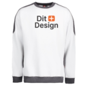 Hvid sweatshirt med teksten "Dit + Design" trykt foran. Sweatshirten har sorte ribkanter ved hals, ærmer og forneden, og den hænger mod en neutral, hvid baggrund.