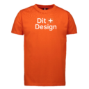 Orange t-shirt med teksten "Dit Design" skrevet i hvidt. T-shirten er enkeltstående og ses på en hvid baggrund, fokus er på tekstens placering og klarhed.