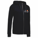 Sort hættetrøje med lynlås hænger frit. På brystet er teksten "i [b] my apps" og et orange hjerteikon. Baggrunden er hvid og enkel.