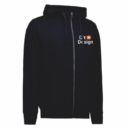 Sort hættetrøje med lynlås. Teksten "D't 🟧esign" står på brystet, dekoreret med hvidt og et lille orange firkant. Trøjen har en hætte med snoretræk og lange ærmer.