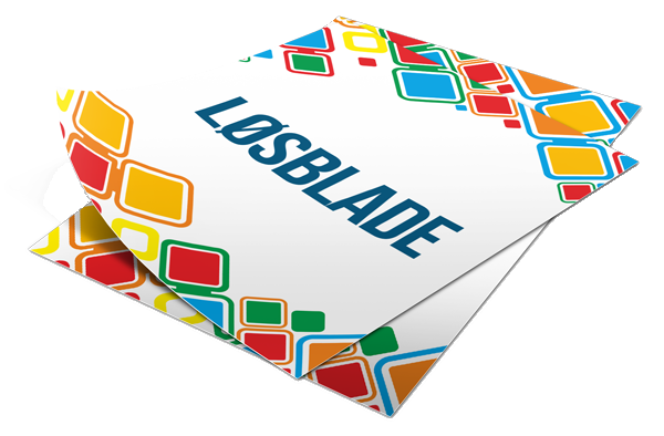 Brochure med farverige firkanter på hvide sider og teksten "LØSBLADE" i midten. Brochuren ligger fladt og er omgivet af en hvid baggrund.