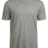 Grå T-shirt med V-hals hænger mod en simpel, hvid baggrund. Tekst på sort etiket indvendigt: "FRUIT OF THE LOOM ORIGINAL" og små ikoner af frugt i midten.