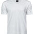 Hvid T-shirt hænger på en usynlig bøjle mod en ensfarvet baggrund. T-shirten har en V-udskæring og korte ærmer.