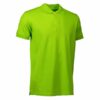 En limegrøn polo t-shirt med krave og korte ærmer vises på en hvid baggrund. Den har en tre-knaps lukning foran.