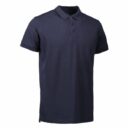 Mørkeblå kortærmet poloshirt med krave og tre knapper, præsenteret mod en hvid baggrund.