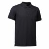 Sort poloshirt med korte ærmer og tre knapper, står frit mod en ren, hvid baggrund.