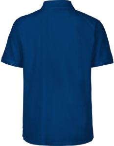 En ensfarvet, mørkeblå kortærmet polo-shirt set bagfra, hænger på en usynlig bøjle. Skjorten har en krave og ingen synlige mønstre eller logoer. Baggrunden er hvid.