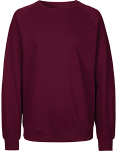 En vinrød sweatshirt uden logo ligger fladt på en hvid baggrund.