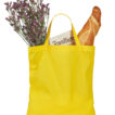 En gul indkøbspose indeholder en buket lilla blomster, en avis med teksten "Frankfurter" og en baguette, allesammen set i en sammenhæng uden yderligere baggrund eller omgivelser.