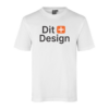 Hvid T-shirt viser teksten "Dit Design" med en orange firkantet ikon mellem ordene, mod en simpel, ensfarvet baggrund.