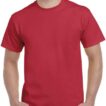 En person iklædt en enkel, rød T-shirt står med hænderne i lommerne, der ses fra taljen og op. Den omgivende baggrund er neutral og udefineret.