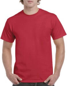 En person iklædt en enkel, rød T-shirt står med hænderne i lommerne, der ses fra taljen og op. Den omgivende baggrund er neutral og udefineret.