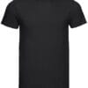 Sort T-shirt, kortærmet, med rund halsudskæring, præsenteret mod en hvid baggrund.