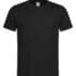 Sort T-shirt hænger frit mod en hvid baggrund. Den har korte ærmer og en rund hals.