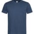 Marineblå T-shirt hænger mod en hvid baggrund, med kortærmede og rund halsudskæring.