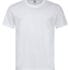 Hvid T-shirt hænger fladt i billedets centrum. T-shirten er uden mønster eller tekst, og hænger mod en hvid baggrund.