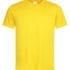 Gul t-shirt udstrakt og liggende fladt (action), placeret mod en hvid baggrund (context).