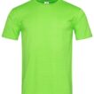 En neongrøn T-shirt med korte ærmer og rund halsudskæring hænger mod en hvid baggrund.
