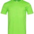 En neongrøn T-shirt med korte ærmer og rund halsudskæring hænger mod en hvid baggrund.