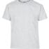 Grå T-shirt med korte ærmer og rund hals. T-shirten hænger på en neutral baggrund. Mærket "GILDAN" ses på etiketten ved halsen.