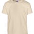 Beige t-shirt hænger i et neutralt lys. På kraven er der en lille blå etiket med teksten "GILDAN". Trøjen er enkel uden mønstre eller andre dekorationer.