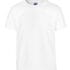 Hvid t-shirt hænger mod en hvid baggrund. På kraven står teksten "GILDAN."