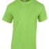 En lysegrøn T-shirt udstilles mod en hvid baggrund. På den indvendige del af T-shirten kan man se mærket "Gildan".