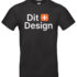 Sort T-shirt viser teksten "Dit + Design" i hvidt og orange; præsenterer et simpelt, minimalistisk design.