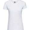 Hvid T-shirt med korte ærmer og rund halsudskæring, mærket "Russell" på indersiden af nakken, placeret mod en ensfarvet, hvid baggrund.