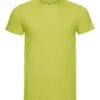 En ensfarvet, limegrøn T-shirt er præsenteret i et neutralt, enkelt miljø og hænger på en usynlig buste med kortærmer og rund hals.