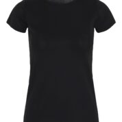 En sort T-shirt med korte ærmer ses på en hvid baggrund. Trøjen ligger fladt uden yderligere detaljer eller tekst til stede.