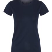 En mørkeblå T-shirt vises stående oprejst imod en lys baggrund uden nogen tekst eller andre objekter i nærheden.