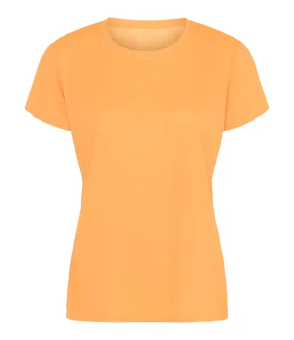 000250_NeonOrange_39_front.jpg T-shirt i en ensfarvet orange farve ligger fladt mod en hvid baggrund. Den har korte ærmer og en rund halsudskæring, uden tekst eller mønster.