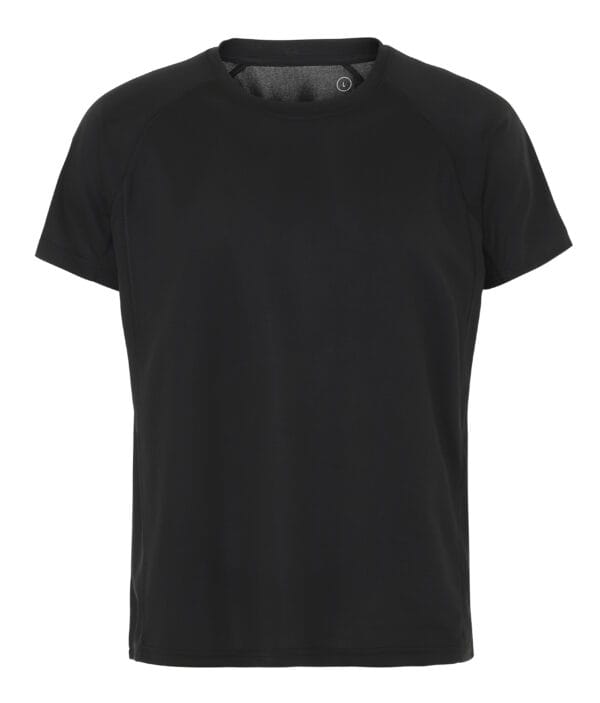 000350_Black_03_front En sort t-shirt ligger fladt mod en ensfarvet, hvid baggrund. T-shirten har korte ærmer og en rund halsudskæring. Den er enkelt designet uden tekst eller grafik.