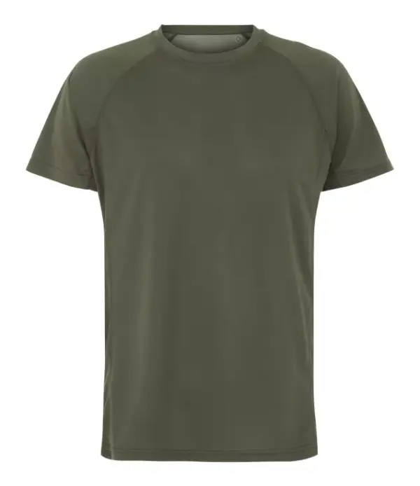 000350_MilitaryGreen_65_front.jpg T-shirt i olivengrøn farve, liggende fladt uden tekst eller grafik, med korte ærmer og rund halsudskæring. Baggrunden er ensfarvet og lys.