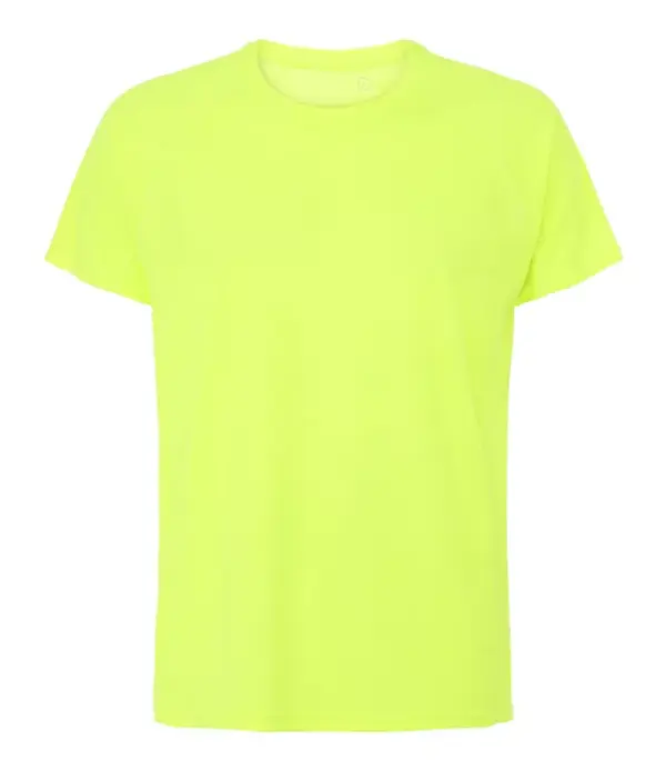 000350_NeonYellow_63_front.jpg En neongul t-shirt vises uden tekst eller dekorationer, der hænger frit mod en hvid baggrund.