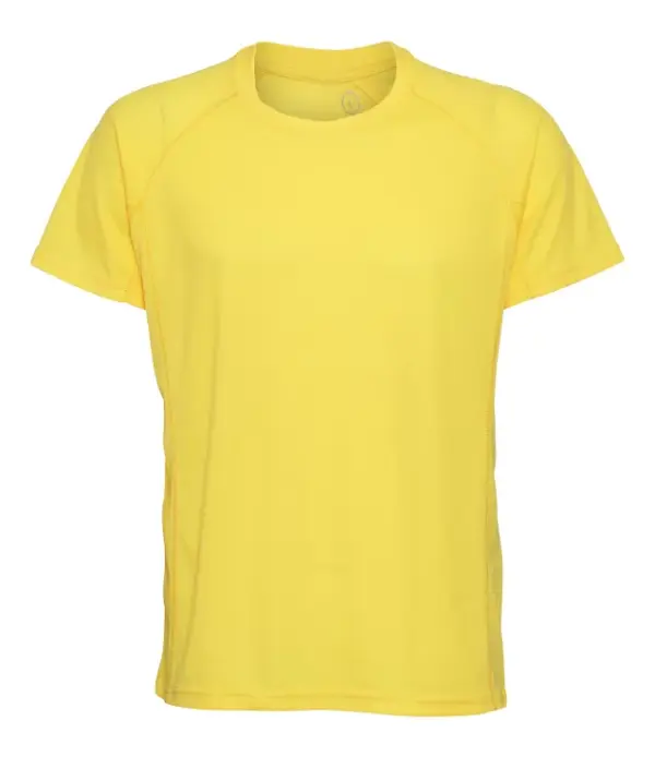 000350_RYellow_97_front.jpg Gul T-shirt hænger frit uden baggrund, med korte ærmer og rund halsudskæring, syningsdetaljer langs kanterne.