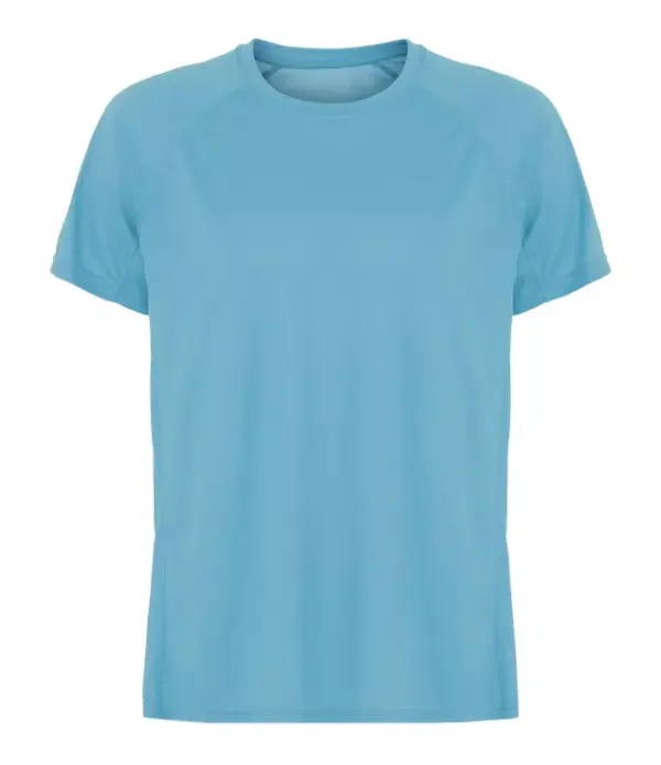 000350_Turquoise_40_front.jpg En lyseblå T-shirt ligger fladt mod en hvid baggrund, ingen tekst eller mønster, og har korte ærmer og rund hals.