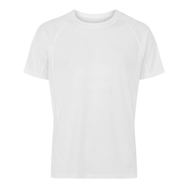 000350_White_01_front Hvid t-shirt vises i en studiomiljø, hænger frit uden omgivende objekter eller baggrund, og har korte ærmer og rund hals.