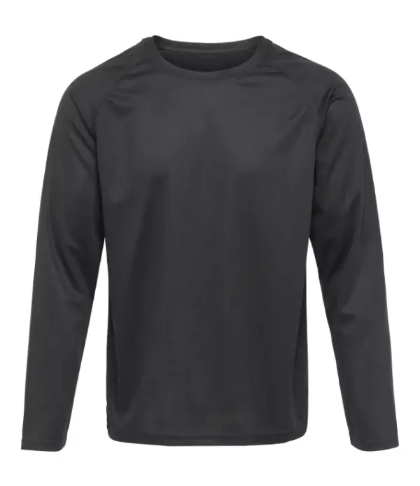 000450_Black_03_front.JPG Sort langærmet T-shirt hænger uden dekoration i et neutralt, hvidt rum.