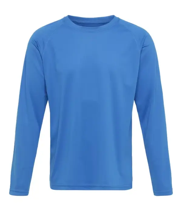 000450_Royal_73_front.JPG En lyseblå langærmet T-shirt, hænger mod en neutral hvid baggrund, uden synlige mønstre eller teksturer, i en minimalistisk og ren stil.