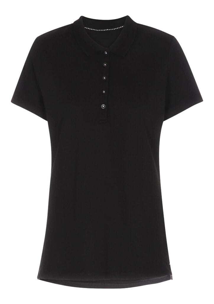 Sort poloshirt med korte ærmer og en knaplukning med fire knapper foran. Skjorten er vist på en hvid baggrund, hvilket fremhæver dens enkle og klassiske design.