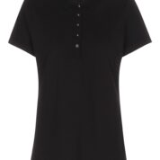 Sort poloshirt med korte ærmer og en knaplukning med fire knapper foran. Skjorten er vist på en hvid baggrund, hvilket fremhæver dens enkle og klassiske design.