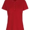 Rød t-shirt med korte ærmer og fem knapper ved halsudskæringen, præsenteret på hvid baggrund.