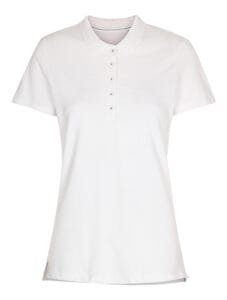 En hvid T-shirt hænger frit uden baggrund. Den har korte ærmer, en rund halsudskæring og en række knapper ned foran, uden synlige detaljer eller mønstre.