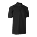 Sort polo-shirt med korte ærmer og krave, placeret på en hvid baggrund. Ingen tekst eller grafik ses på trøjen.
