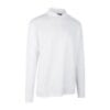 En hvid langærmet polo-shirt hænger mod en neutral, hvid baggrund. Skjorten er enkel uden mønster eller særprægede designdetaljer.